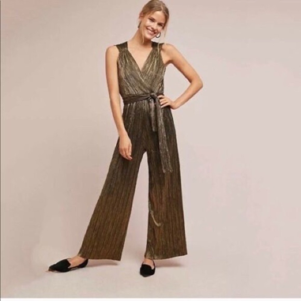Anthropologie Vanessa Virginia XL Pont Neuf Gold Metallic Jumpsuit